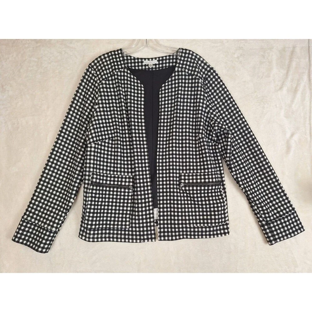 Ophelia Roe Women's 1X Open Front Blazer Jacket Black White Plaid Check Pockets